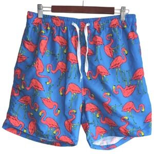 69 Slam Men's Large Blue Pink Flamingo Swim Trucks Lined Pockets Drawstring